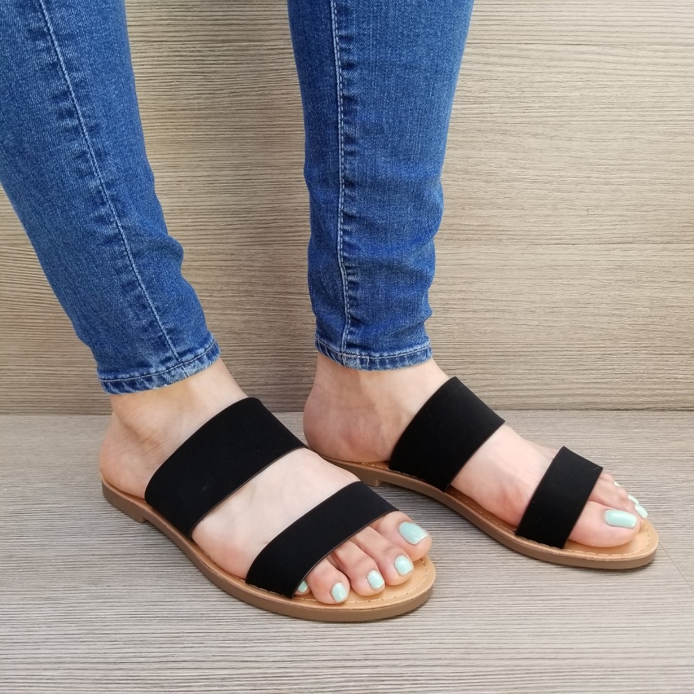 Slip On 2 Strap Flat slider Sandal Black Velvet-C - Picture 6 of 8